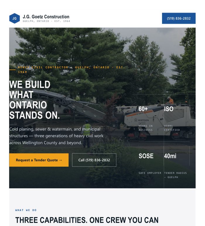 Homepage design concept for J.G. Goetz Construction