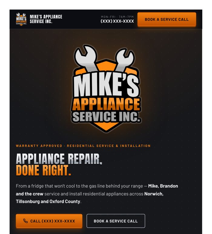 Homepage design concept for Mike's Appliance Service